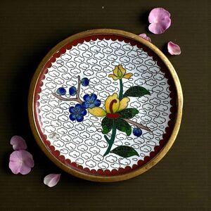 Vintage 1940s Asian Floral Cloisonne Enamel Brass Small Size Trinket Dish